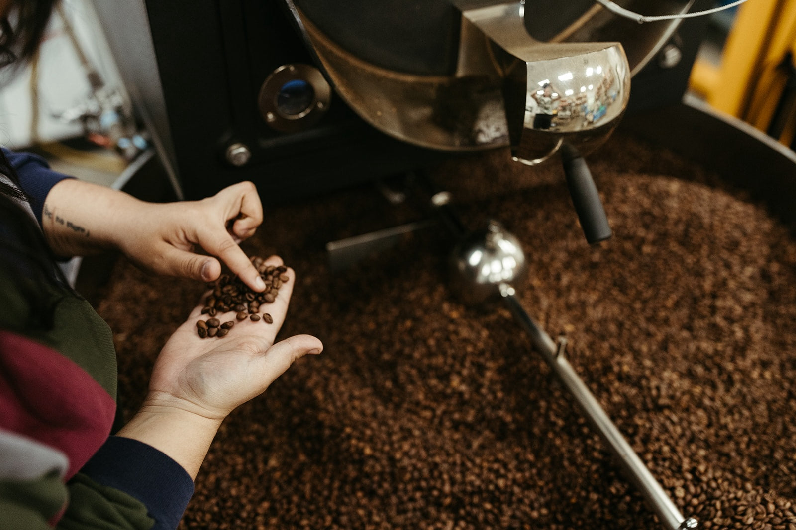 woman with roasted coffee beans in her hand standing above a coffee roaster