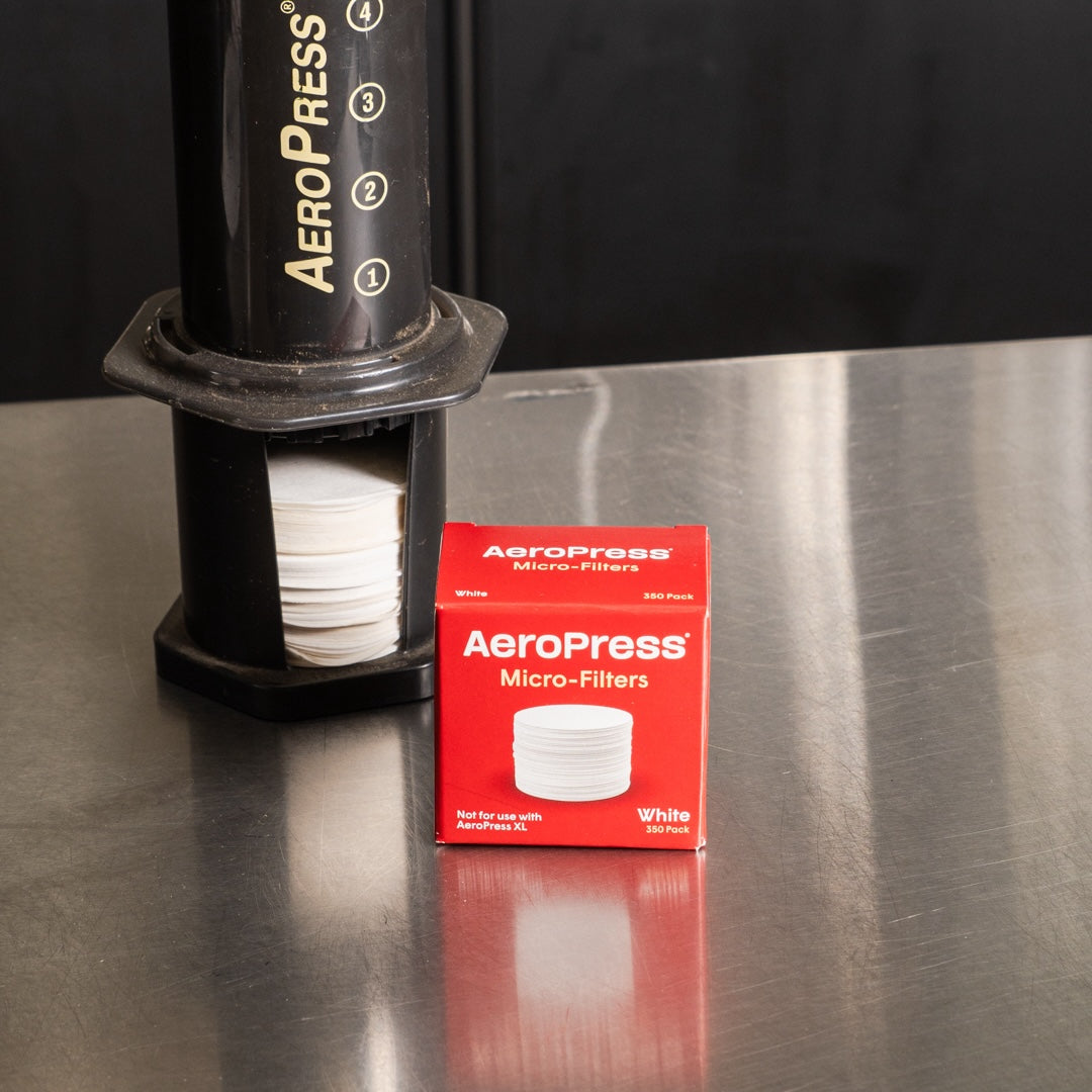 photograph of a box of aeropress micro-filters in front of an aeropress machine