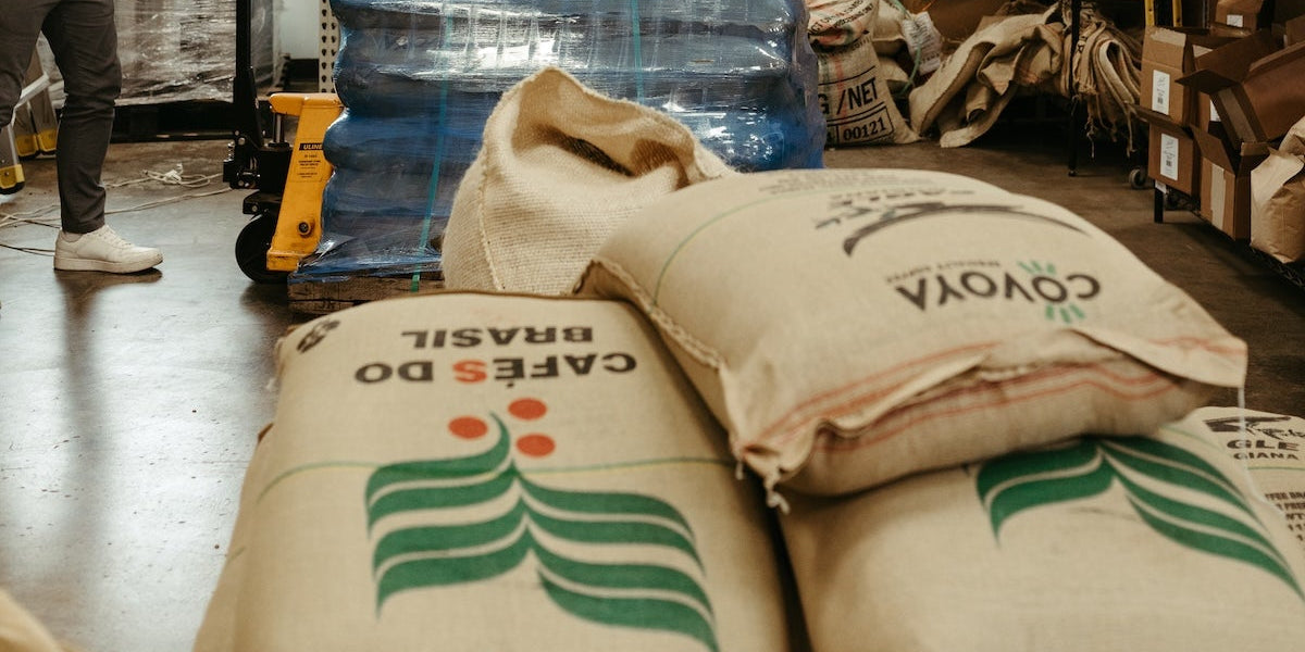 burlap bags filled with green coffee in warehouse