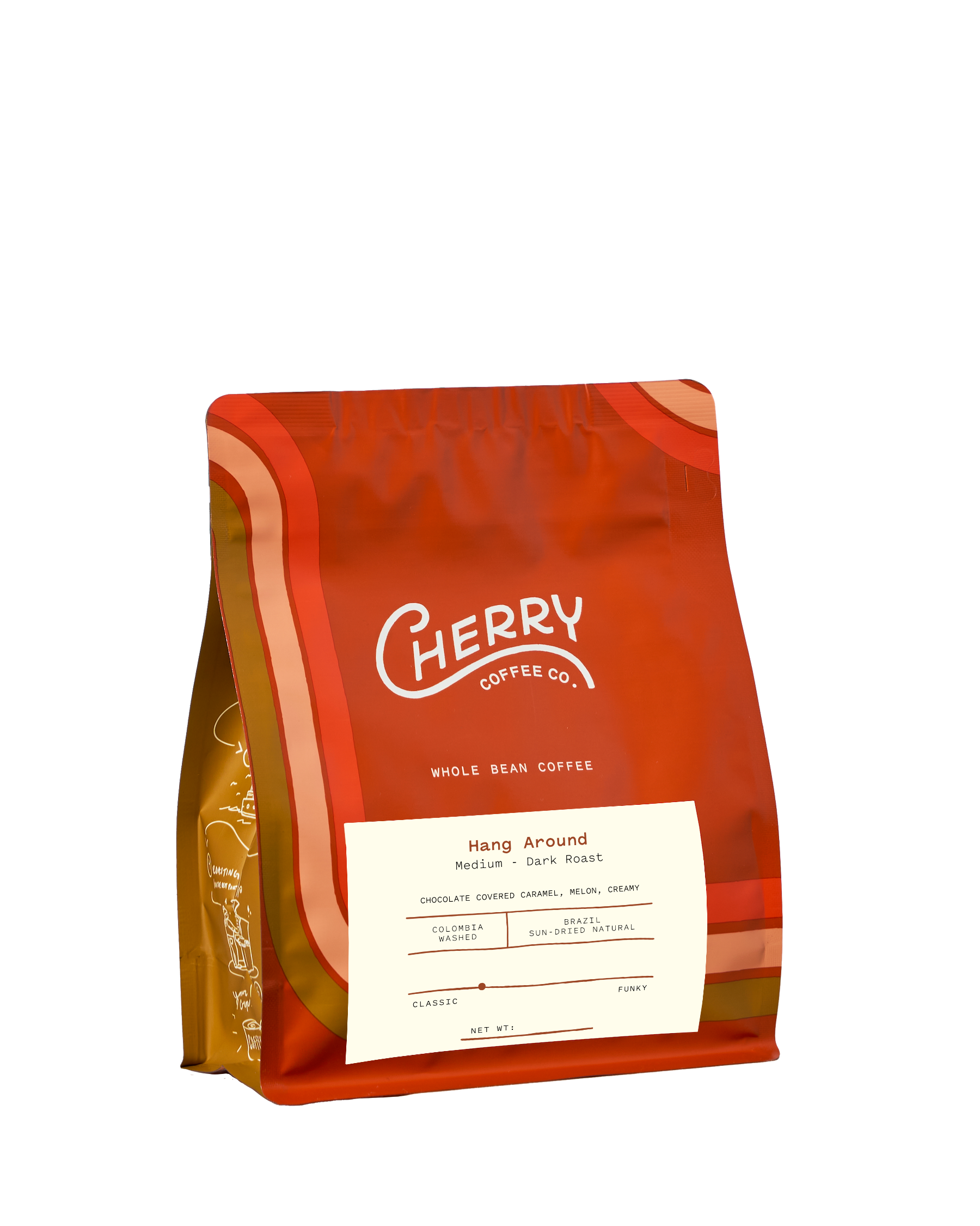 retail bag of Hang Around, a medium-dark roast coffee